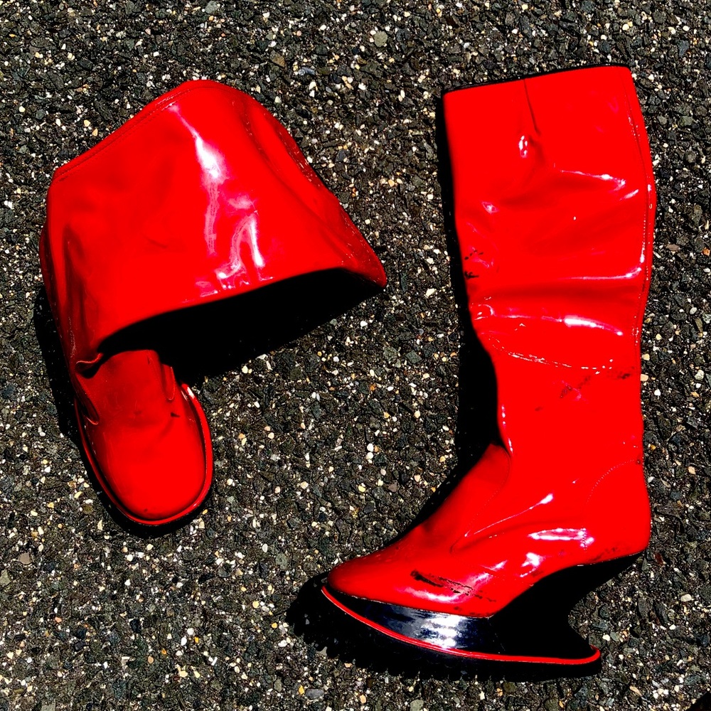 Fluevog red patent leather platform wedge boots.